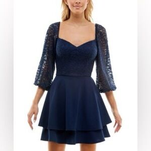 Boho Navy Floral Lace Sleeve Sweetheart Mini Dress